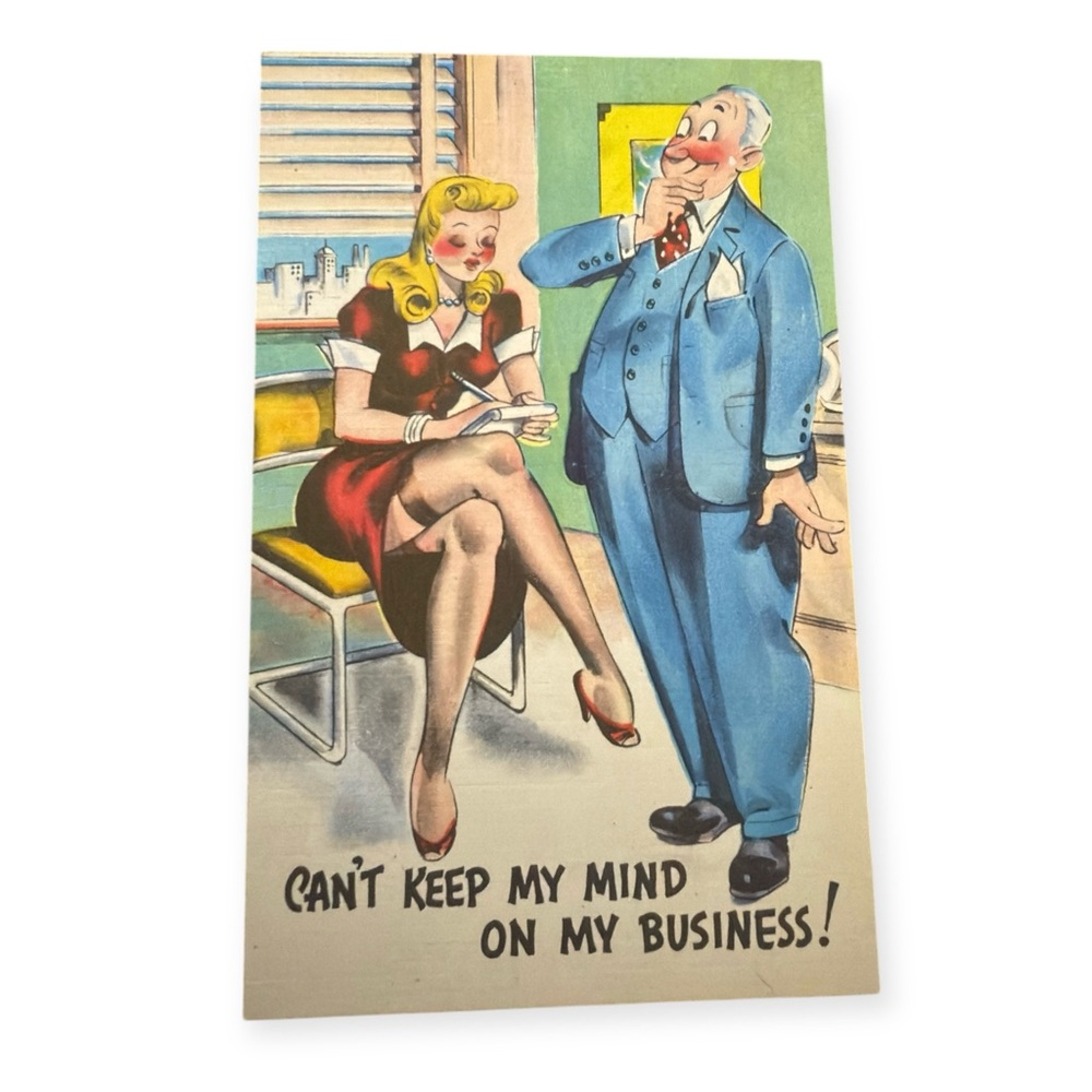 Vintage 1940’s Linen Unused Humor Postcard, Female objectification Vintage Humor